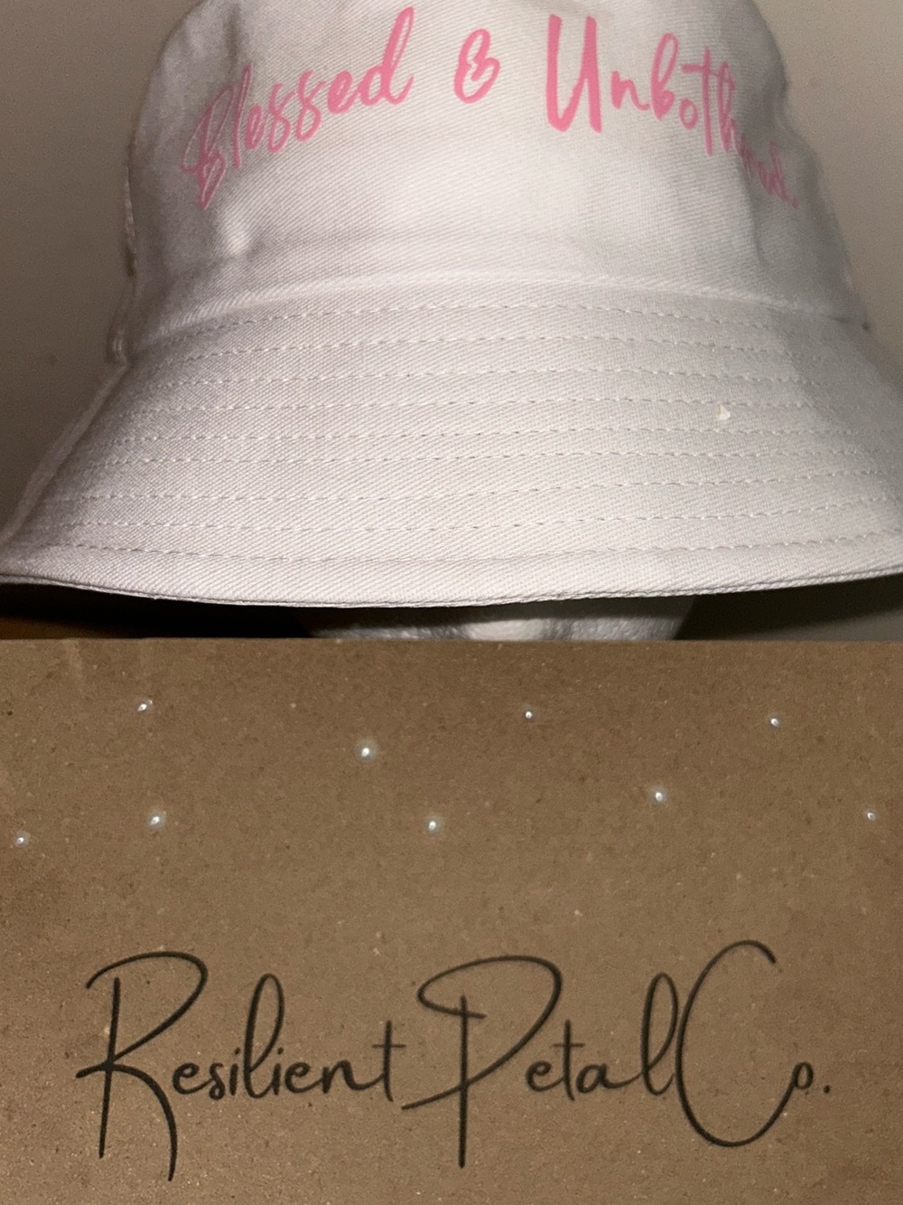 Kids White Bucket Hat - 'Blessed & Unbothered' Pink Print